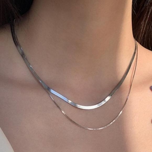 NEW 925 STERLING SILVER FLAT HERRINGBONE CHAIN DOUBLE LAYER NECKLACE - Picture 1 of 5